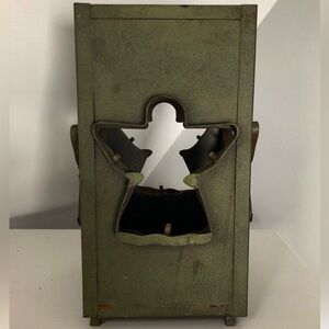 Vintage Rustic Old Metal Moss Green Cookie Cutout Angel Candle Holder Lantern